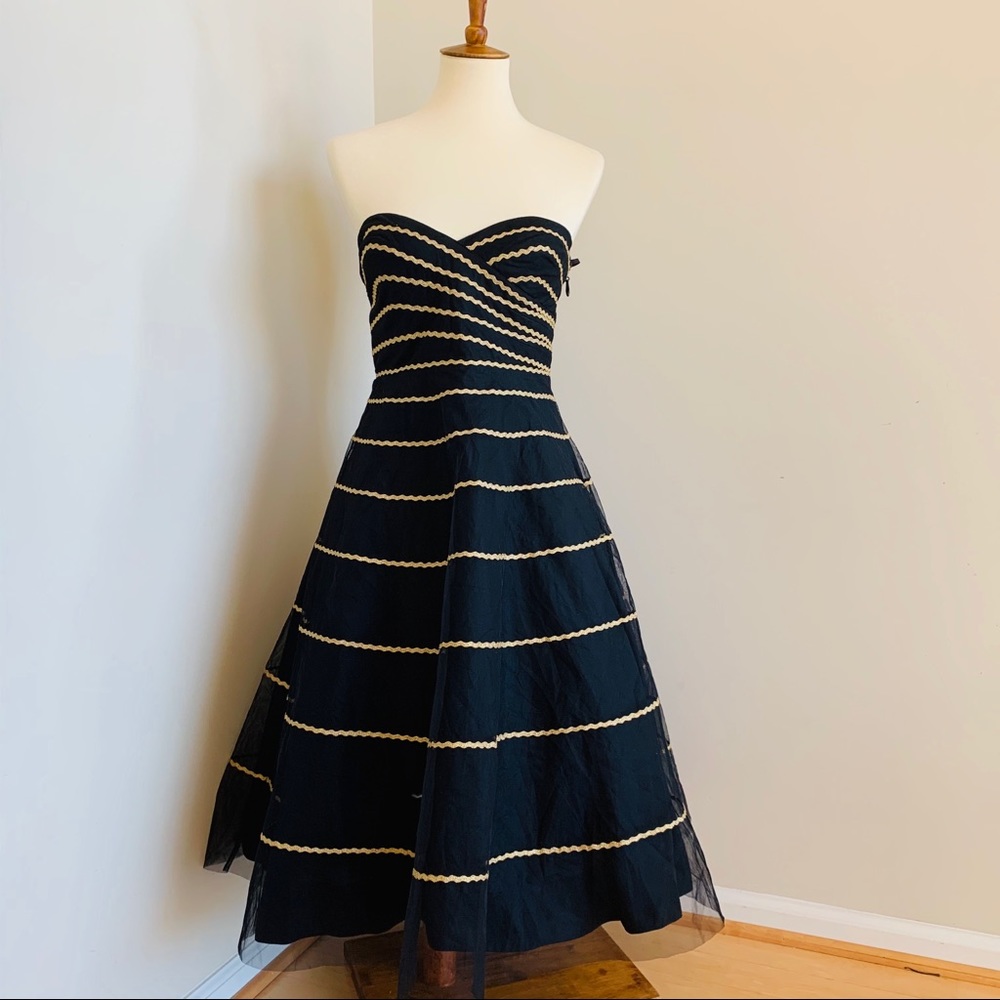 Hitherto (ANTHRO) black strapless dress, gold stri - Picture 2 of 8